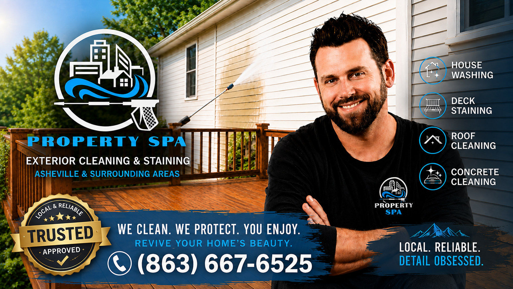 Property Spa owner in a company shirt beside a home being professionally soft washed