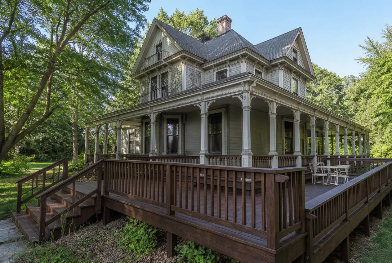 The same Victorian home with the deck restored and stained a rich dark walnut satin finish