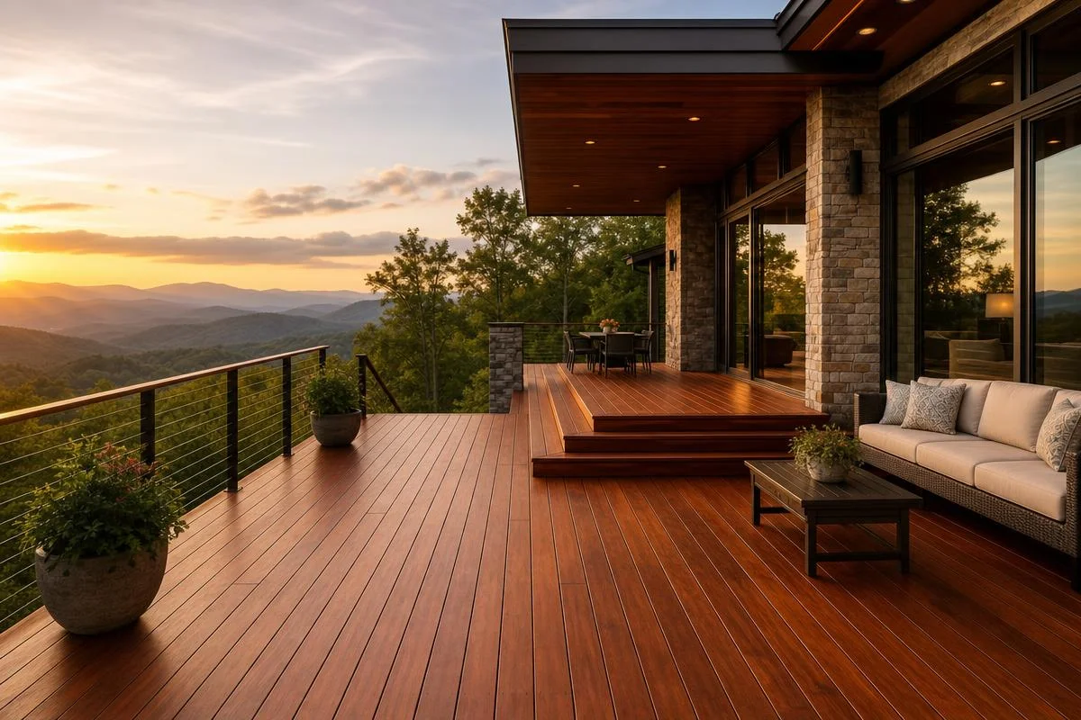The same modern Asheville mountain home with the deck restored and stained a rich warm finish