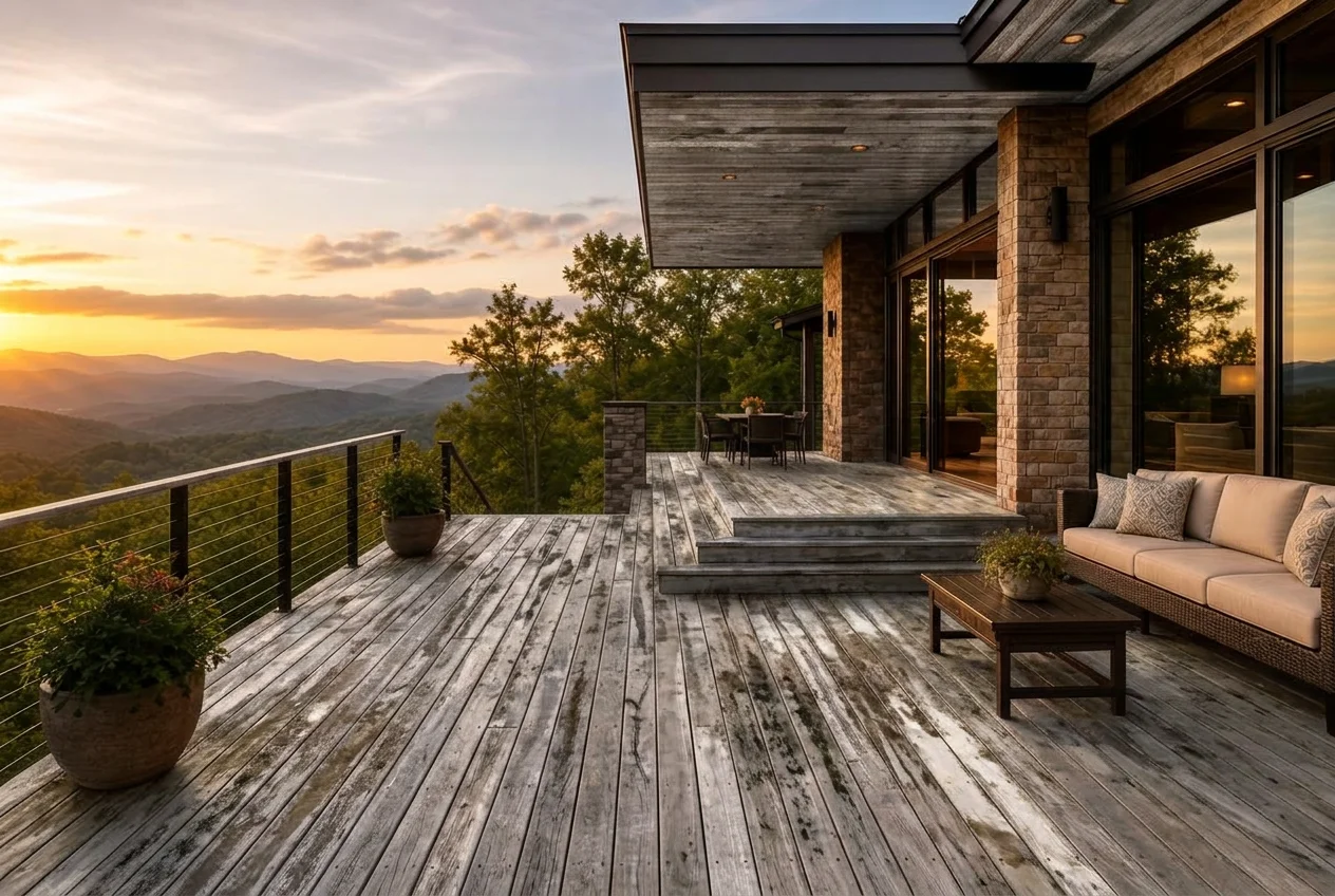 Modern Asheville mountain home with a gray, weathered and faded wooden deck before restoration