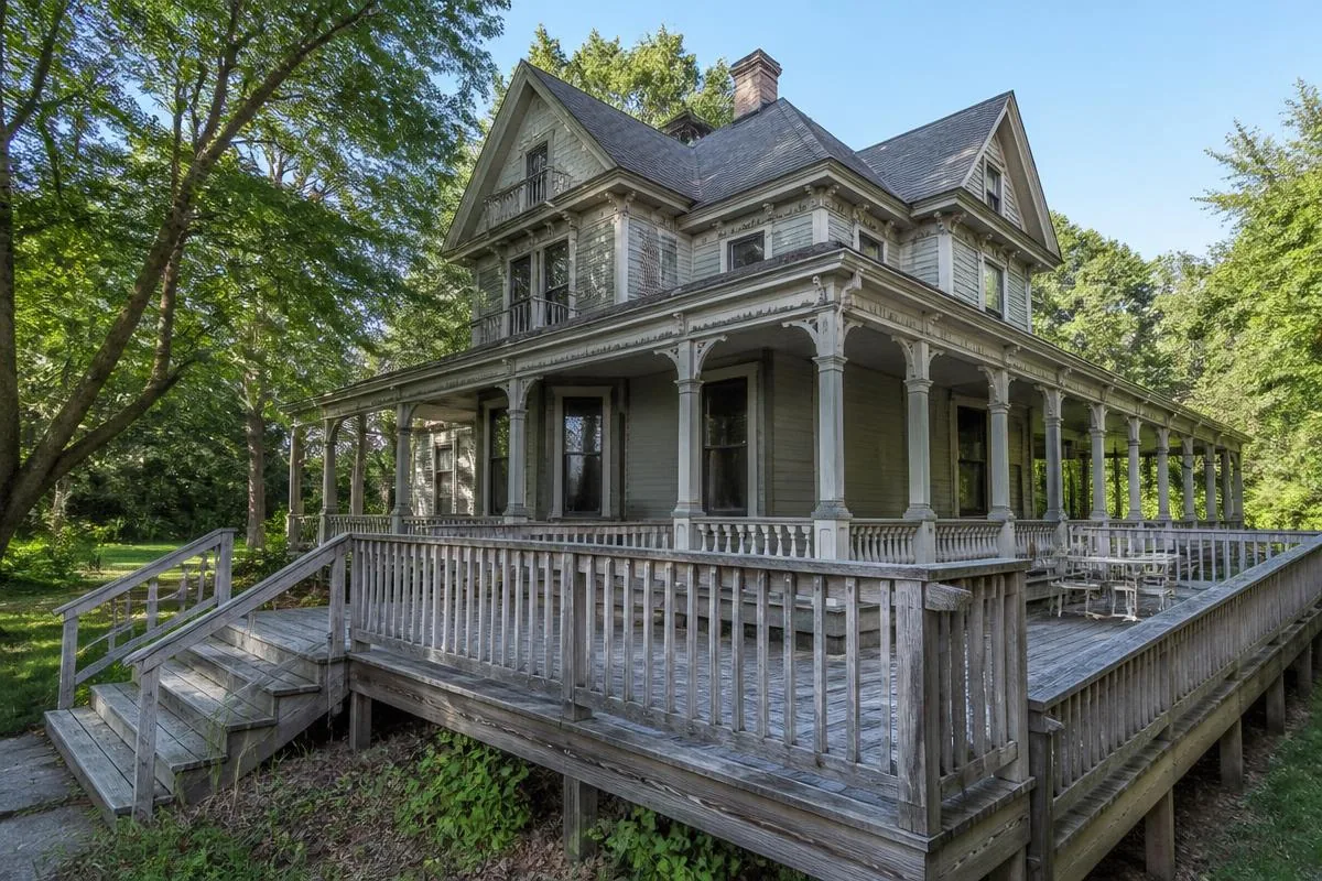 Victorian home with a gray, weathered and faded wooden wraparound deck before restoration