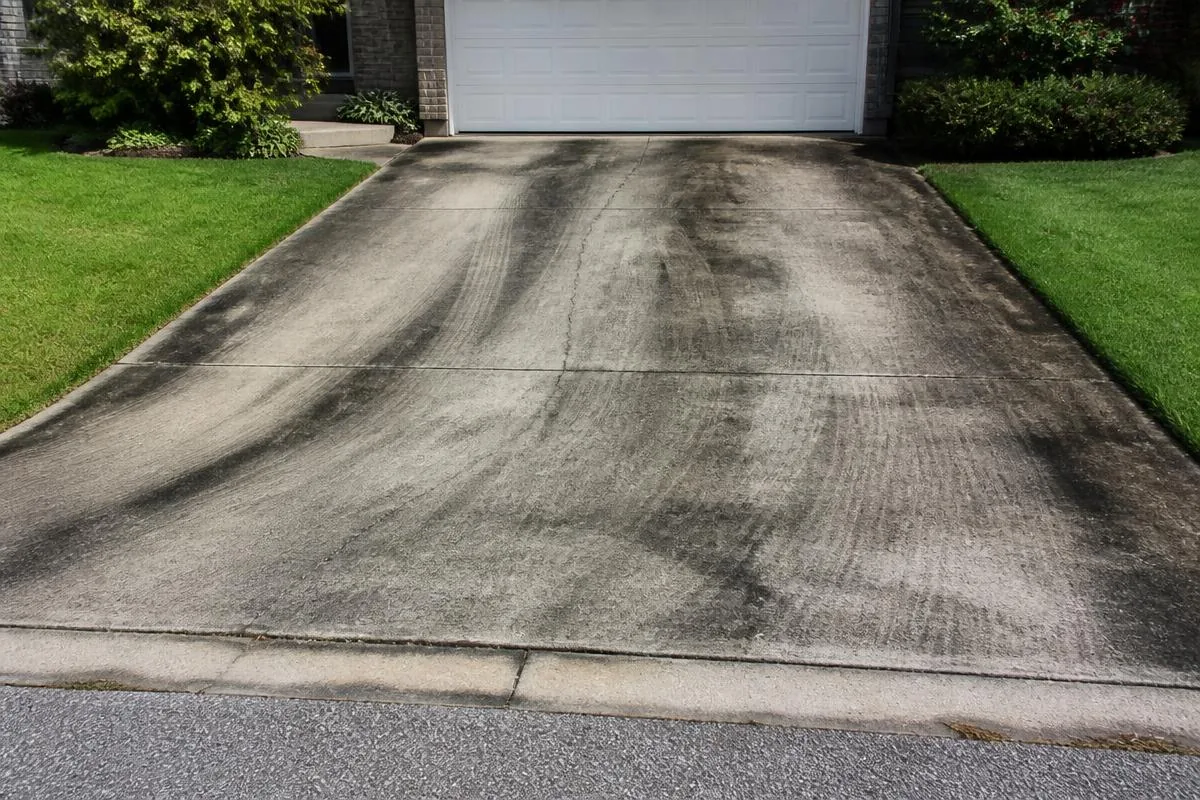 Concrete driveway with dark organic staining and tire marks before cleaning