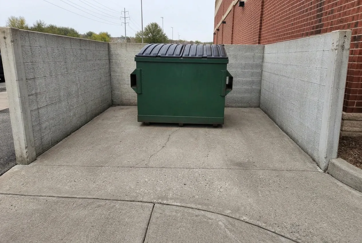 The same commercial dumpster pad cleaned and orderly after pressure washing