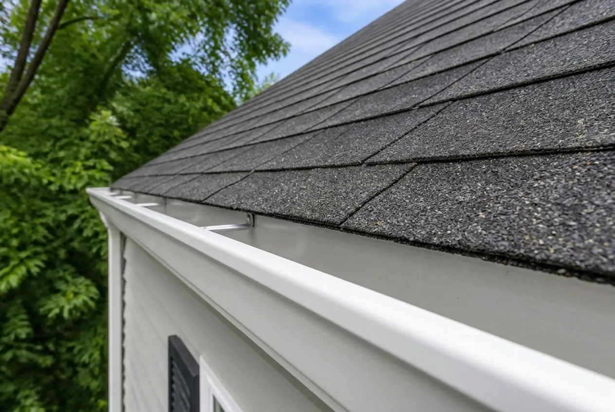 The same gutter cleared of debris with a clean white exterior face