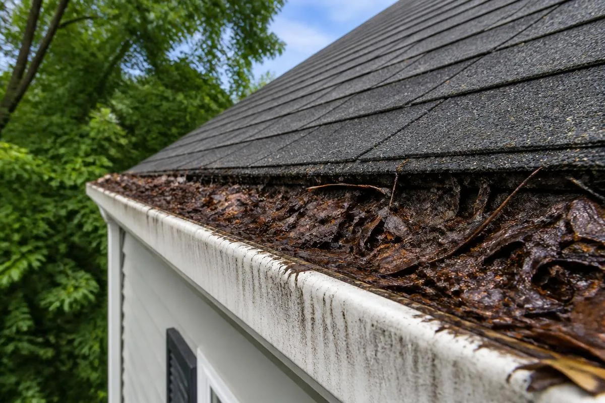 Gutter packed with wet leaves and debris with dark streaking on the exterior face