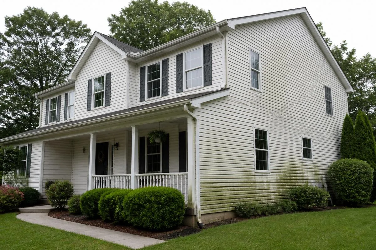 White two-story home with green algae and dirt streaking on the siding before house washing