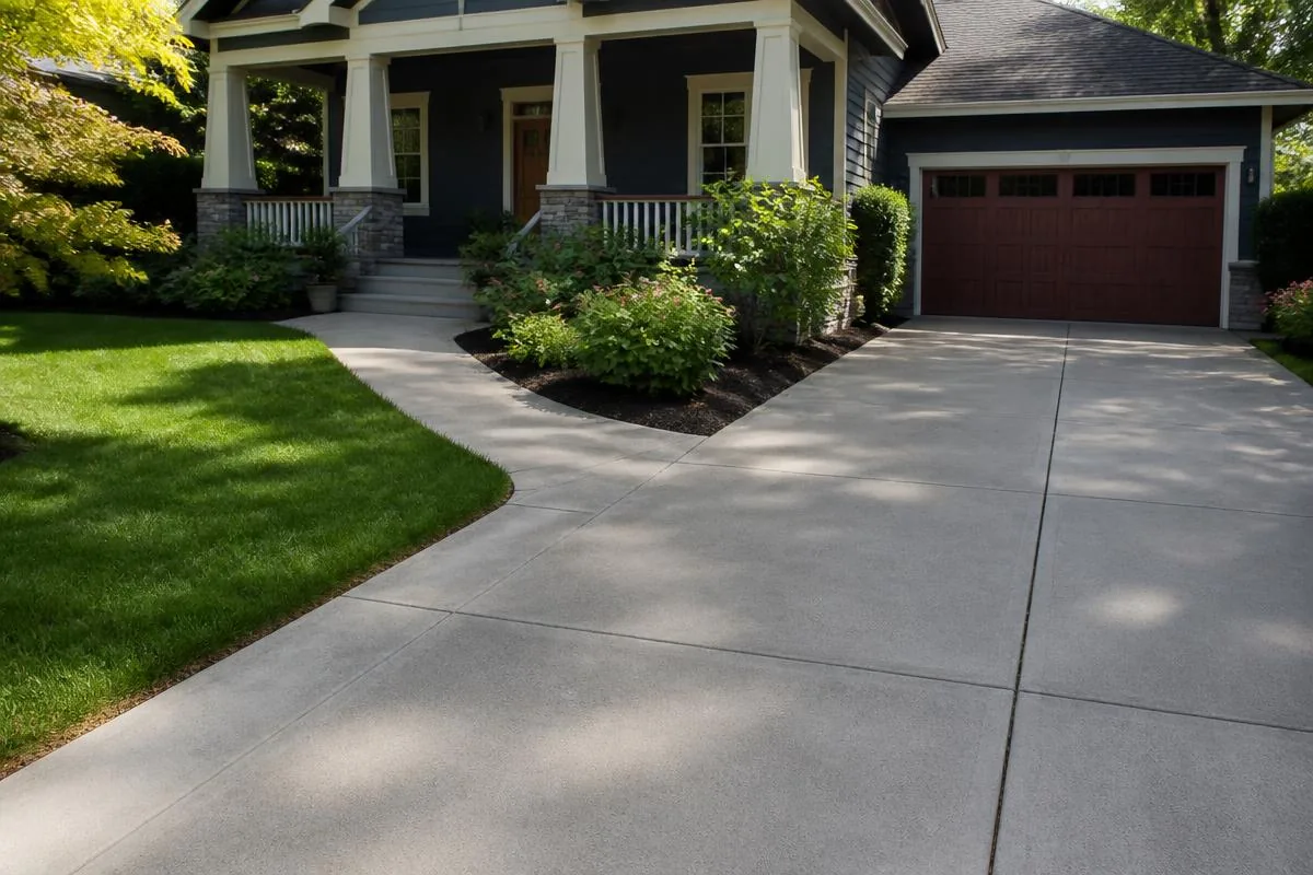 Clean concrete driveway and walkway in front of a craftsman home on a bright day