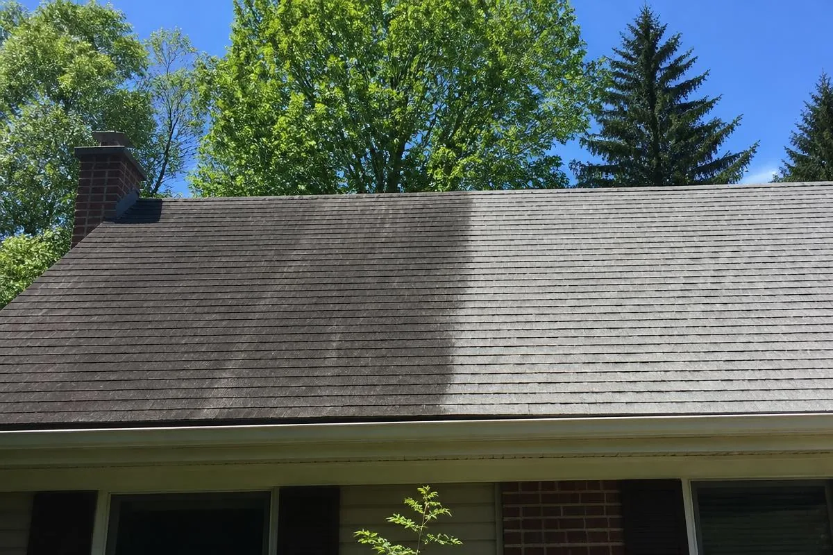 Asphalt shingle roof showing dark organic streaking on one side and a clean section on the other